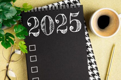 New year resolutions 2025 on desk. 2025 resolutions list with notebook, coffee cup on table.