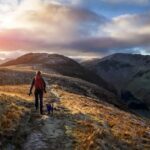 A hiker and their dog walking towards the mountain summit of High Spy from Maiden Moor at sunrise