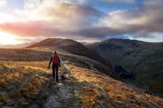 A hiker and their dog walking towards the mountain summit of High Spy from Maiden Moor at sunrise